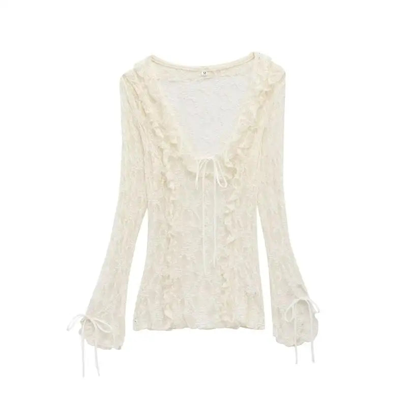 Women's Tops Summer 2025 New Chic Lace Perspective Elegant Holiday Tops Women Street Fashion Slim V-neck Youth Tops