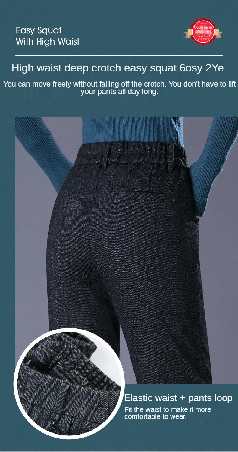 Woolen Trousers Women's Fall/winter High-waist Elastic Striped Straight-leg Pants Slim-fit Warm Trousers Pants for Women