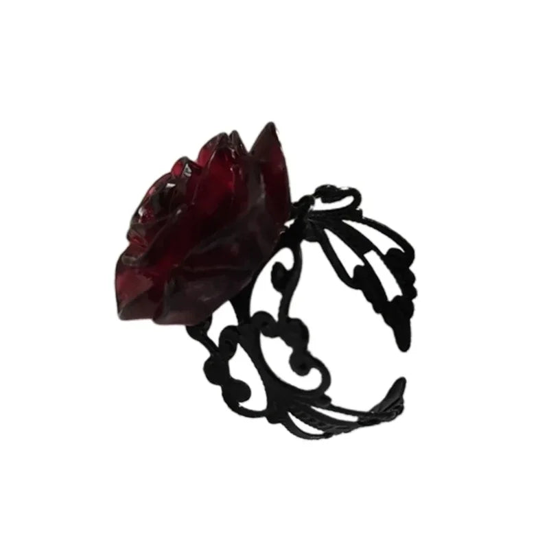 Punk Gothic Red Rose Rings Adjustable Hollow Rings for Women Witch Pagan Vintage Halloween Cool Girl Gift Party Jewelry Gift