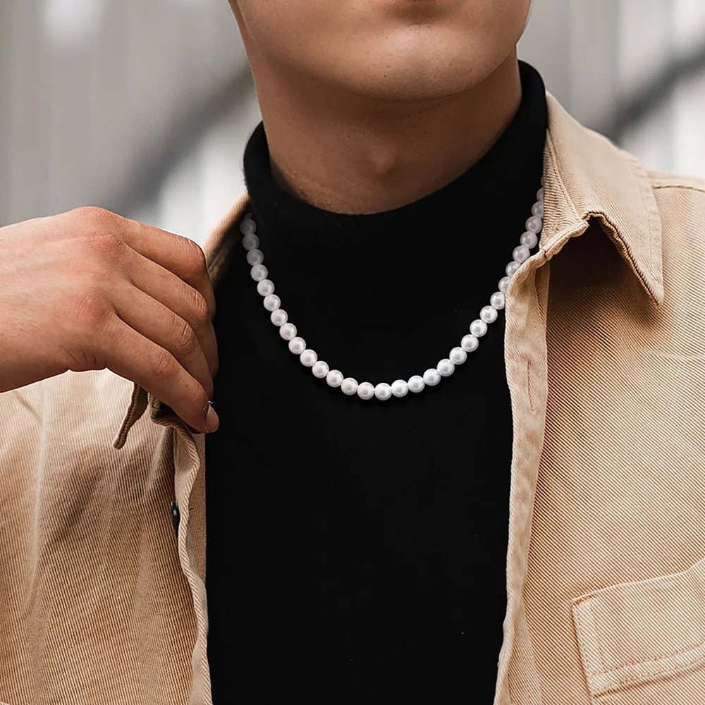 Pearl Necklace for Men,Simple Handmade Strand Bead Collars,Trendy Wedding Banquet Jewelry