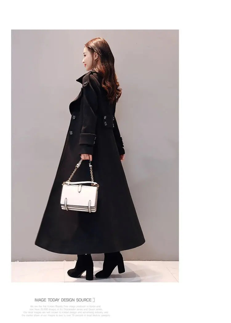 Women's Long Woolen Coat 2023 Spring Autumn New Korean Waist Slimming Over-Knee Thick Keep Warm Woolen Coat Lady Overcoat