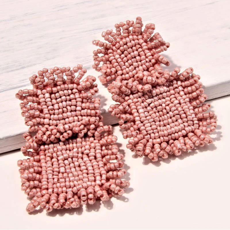 Handmade Beaded Earrings Statement Jewelry Wedding Bridal Gift Bohemian Big Square Fringed Drop Dangle Earrings Ethnic Party