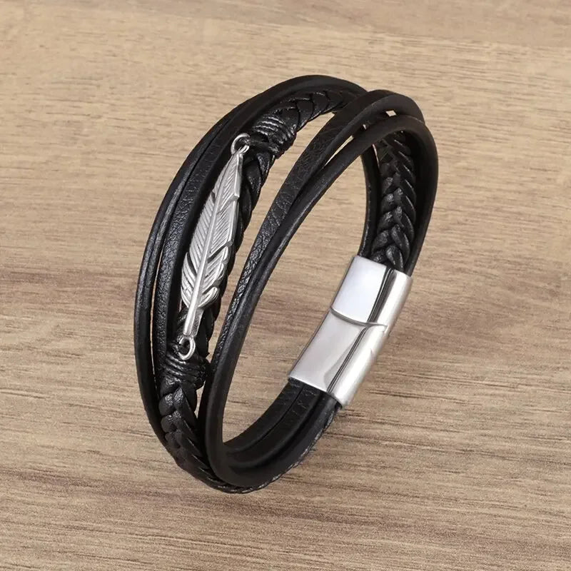 Men's Classic Multi Layered Leather Feather Metal Magnetic Buckle Bangles Bracelet Business Casual Party Jewelry Gift for Men