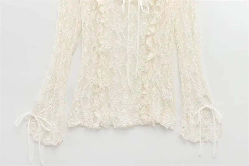 Women's Tops Summer 2025 New Chic Lace Perspective Elegant Holiday Tops Women Street Fashion Slim V-neck Youth Tops