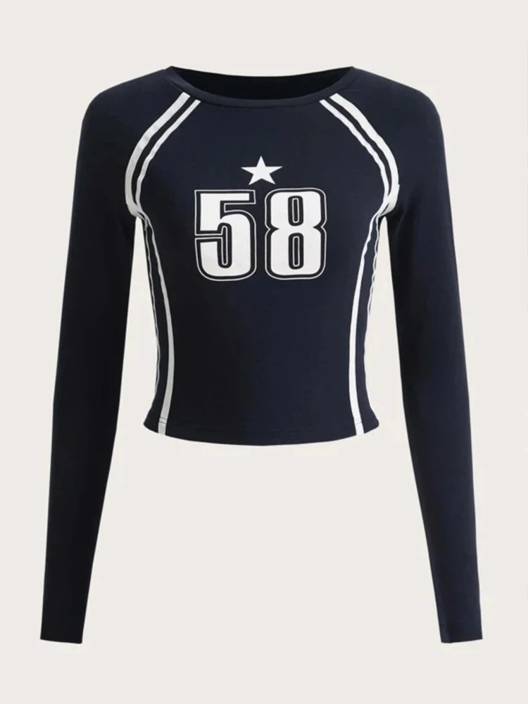 Gothic Women's Long sleeved Open Umbilical Dress Letter Printing Casual Korean Women's Top Y2k Clothing EMO