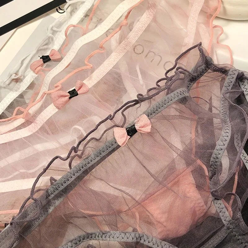 Women Sexy Transparent Panties Pink Bow Cotton Crotch Briefs Female Mesh Breathable Underwear Wave Edged Hollow Out Underpants
