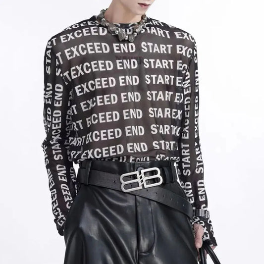 Mens Tops Fashion Letter Print Mesh Bottoming Shirt Men 2024 New American High Street Inner Wear Boys Hollow Long Sleeve T-Shirt