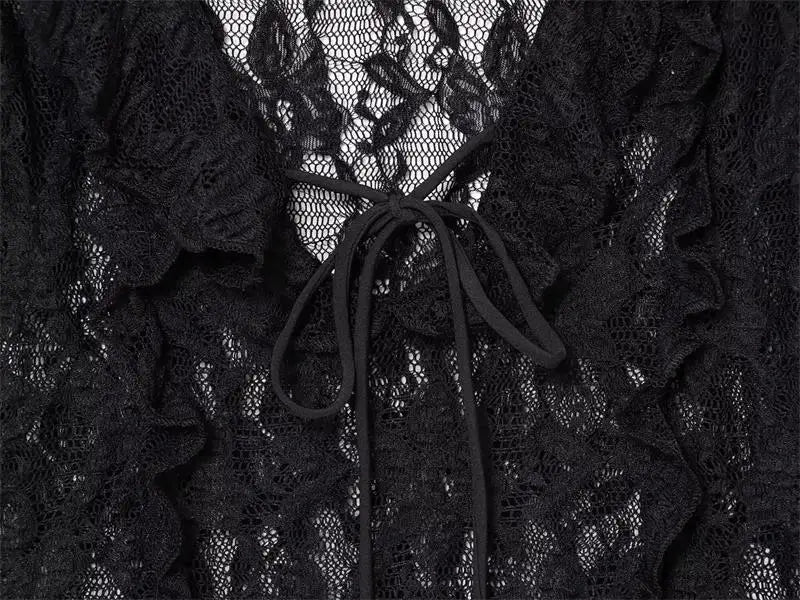 Women's Tops Summer 2025 New Chic Lace Perspective Elegant Holiday Tops Women Street Fashion Slim V-neck Youth Tops