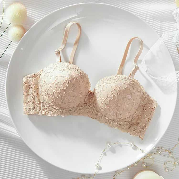 Thickened Underwear Women's Small Breasts Gather Together with Steel Rings Shaped Upper Support A Cup Flat Bra Double Bralette