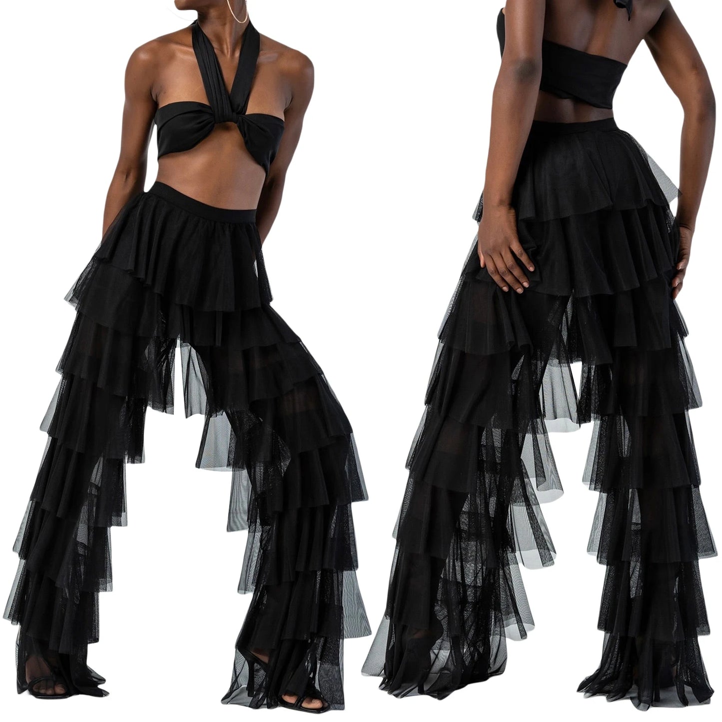 Women's Tiered Ruffled Tulle Pants Cover Up Pants Loose Sheer Layered Tulle Loose Long Trousers Layered Pants Streetwear