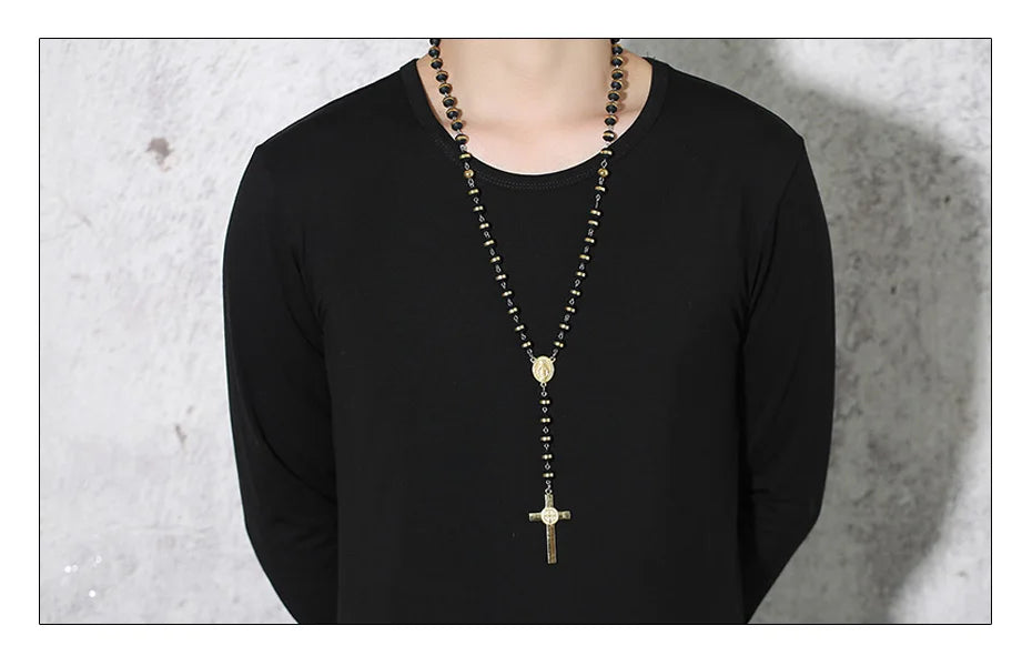 Long Chain Rosary Necklace for Men Women,Stainless Steel Bead Chain Cross Pendant Jewelry