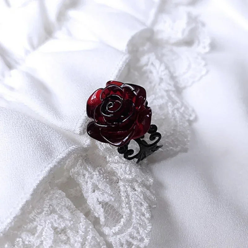Punk Gothic Red Rose Rings Adjustable Hollow Rings for Women Witch Pagan Vintage Halloween Cool Girl Gift Party Jewelry Gift