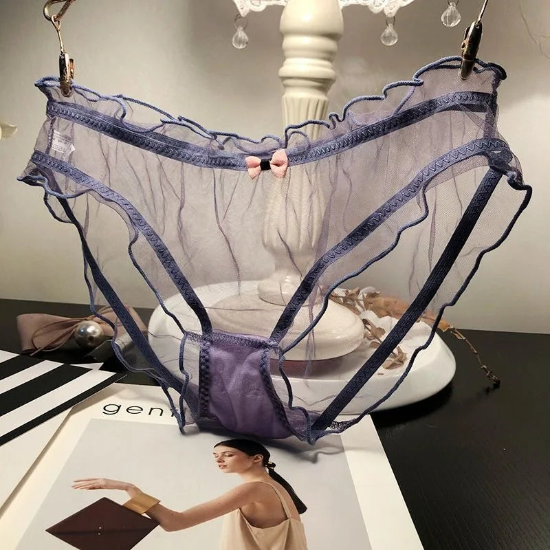 Women Sexy Transparent Panties Pink Bow Cotton Crotch Briefs Female Mesh Breathable Underwear Wave Edged Hollow Out Underpants