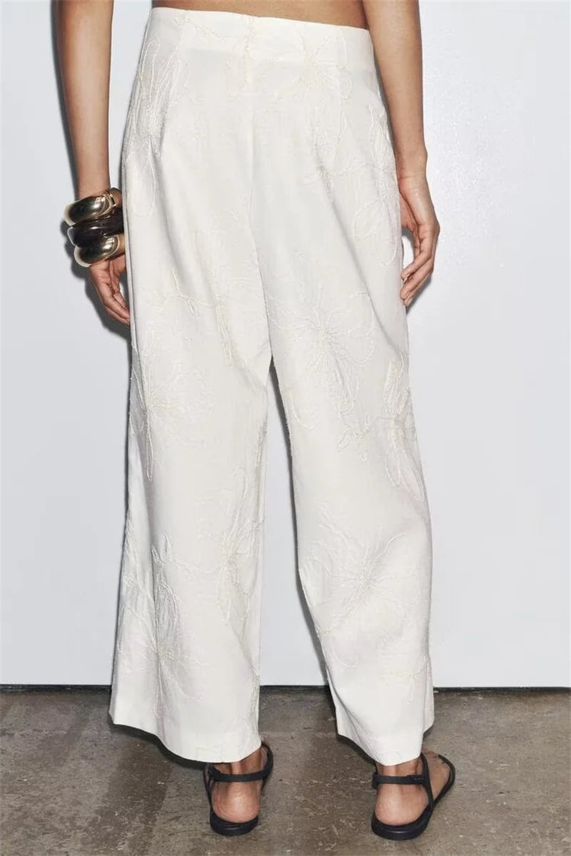 Women's suit New Summer 2025 White Camisole Wide-leg Pants Set Embroidered Trim Sexy Casual Personality Fashion