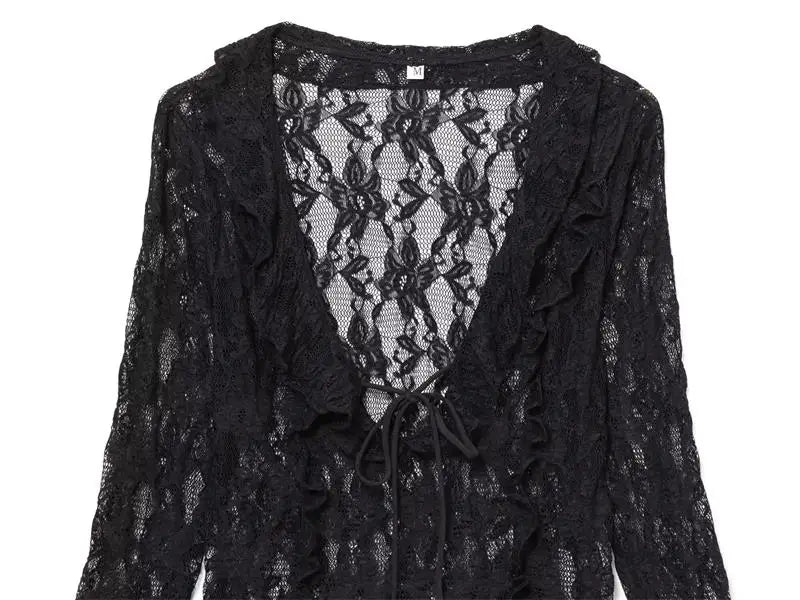 Women's Tops Summer 2025 New Chic Lace Perspective Elegant Holiday Tops Women Street Fashion Slim V-neck Youth Tops