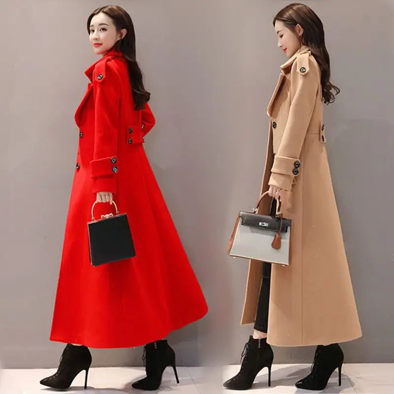Women's Long Woolen Coat 2023 Spring Autumn New Korean Waist Slimming Over-Knee Thick Keep Warm Woolen Coat Lady Overcoat
