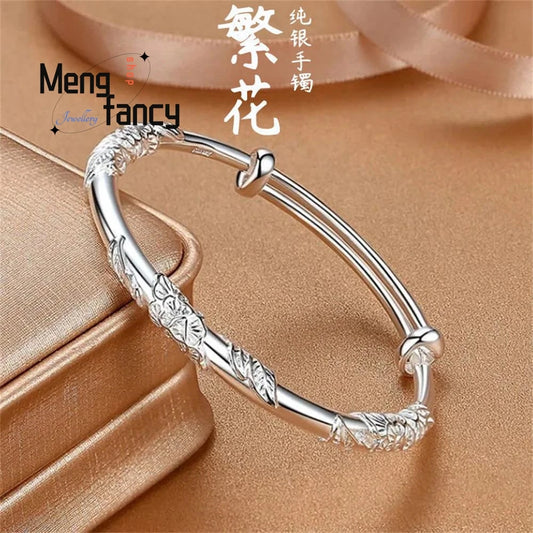 Trendy Luxury Floral Vintage Sliding Bangle - Unique Adjustable Ancient-Style Bracelet Exquisite Handcrafted Niche Jewelry Gift