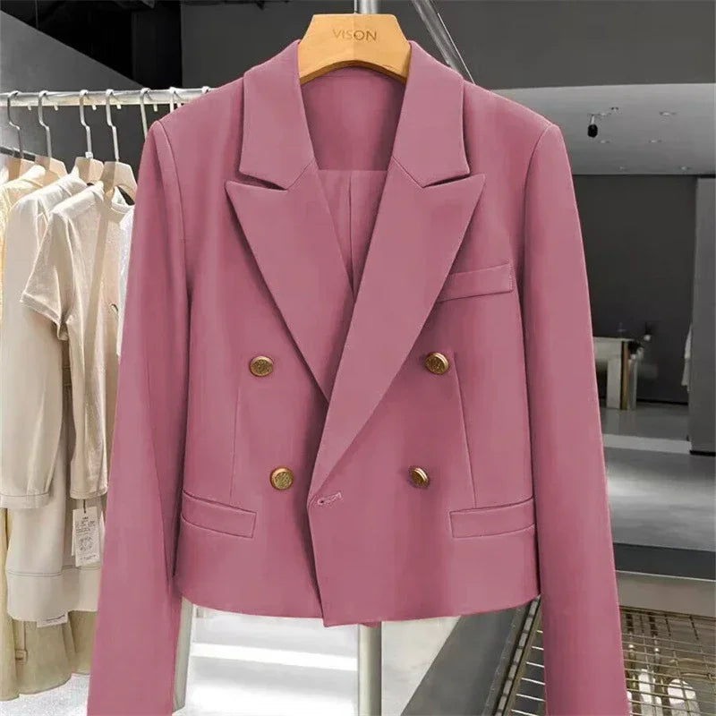 Women's Short Suit Jacket  Autumn 2025 Female Casual Suit Double-breasted Office Lady Solid Coffee Turndown Collar Blazers Women