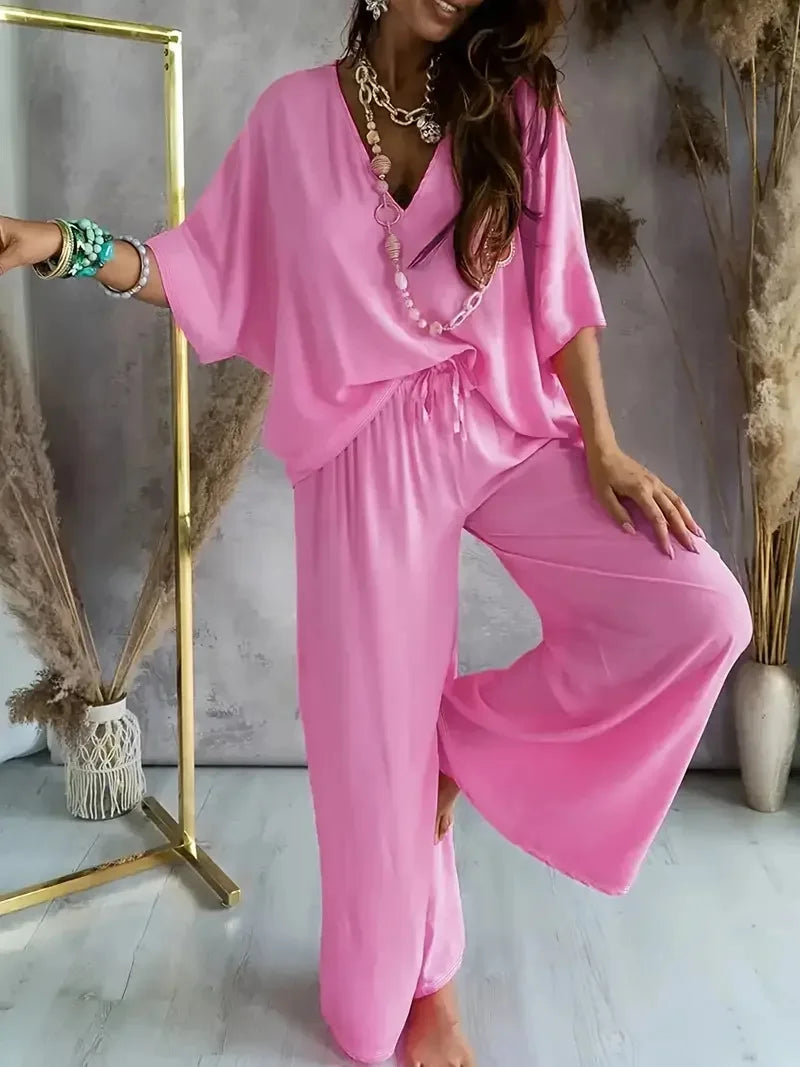Women's Summer Trousers Suit V-neck Bat Sleeve Casual Top Lace-up Trousers Loose Solid Color Suit Two-piece Set