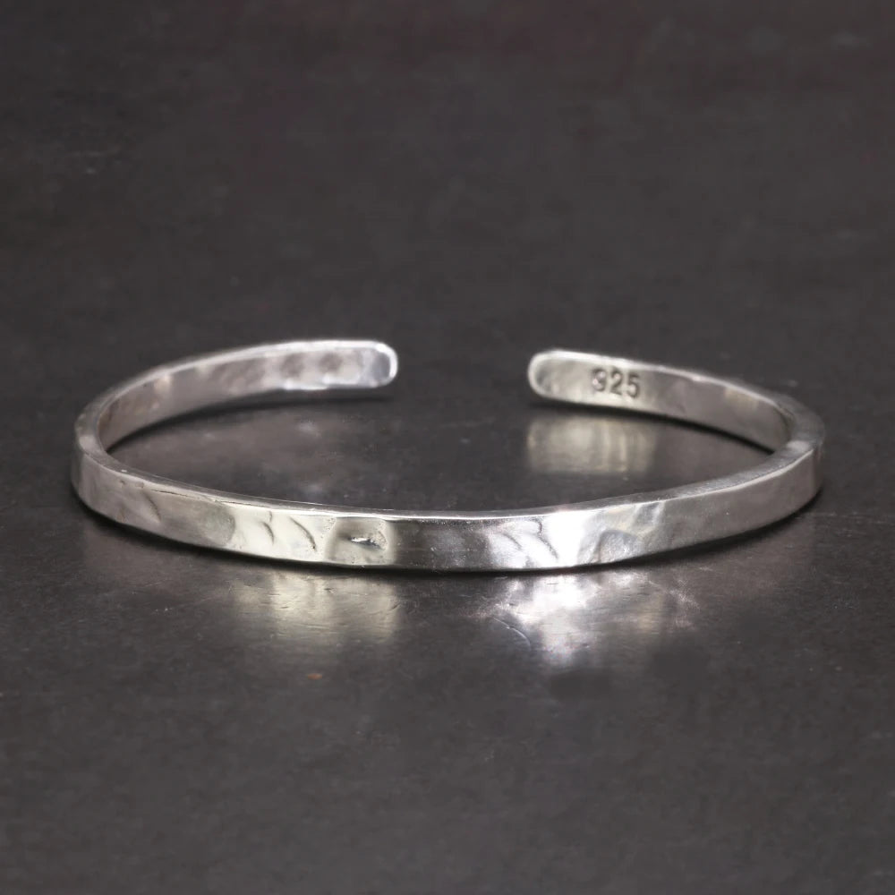 Real 925 Sterling Silver Hammered Cuff Bangles for Men and Women Handmade Polished Fine Jewelry