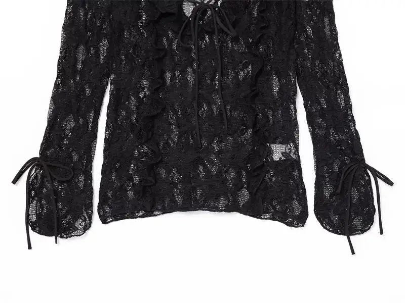 Women's Tops Summer 2025 New Chic Lace Perspective Elegant Holiday Tops Women Street Fashion Slim V-neck Youth Tops