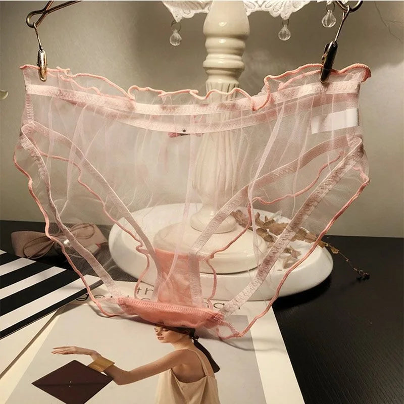Women Sexy Transparent Panties Pink Bow Cotton Crotch Briefs Female Mesh Breathable Underwear Wave Edged Hollow Out Underpants
