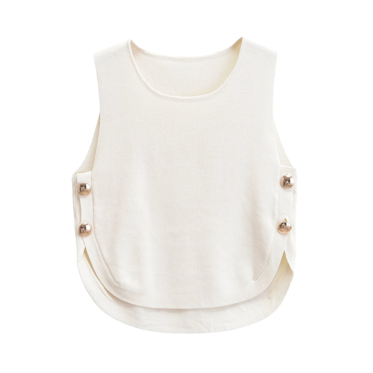 2025   Women's  Chic  Sleeveless  Top  with  Side  Buckles  Asymmetrical Hem  Casual O-neck Crop Top