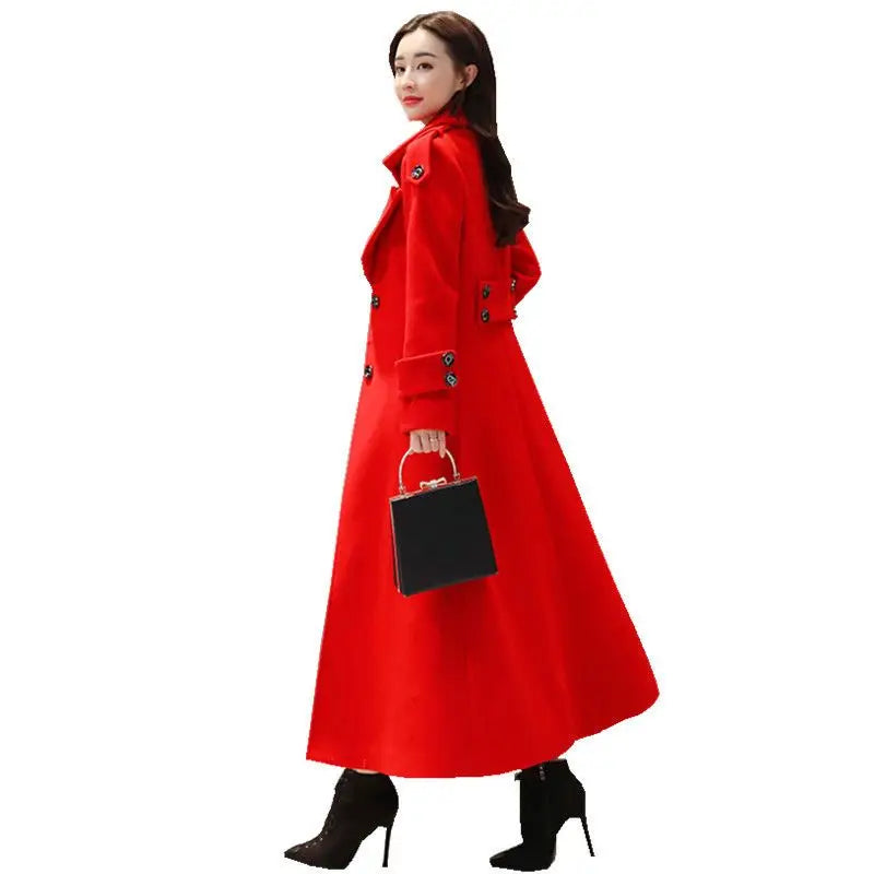 Women's Long Woolen Coat 2023 Spring Autumn New Korean Waist Slimming Over-Knee Thick Keep Warm Woolen Coat Lady Overcoat