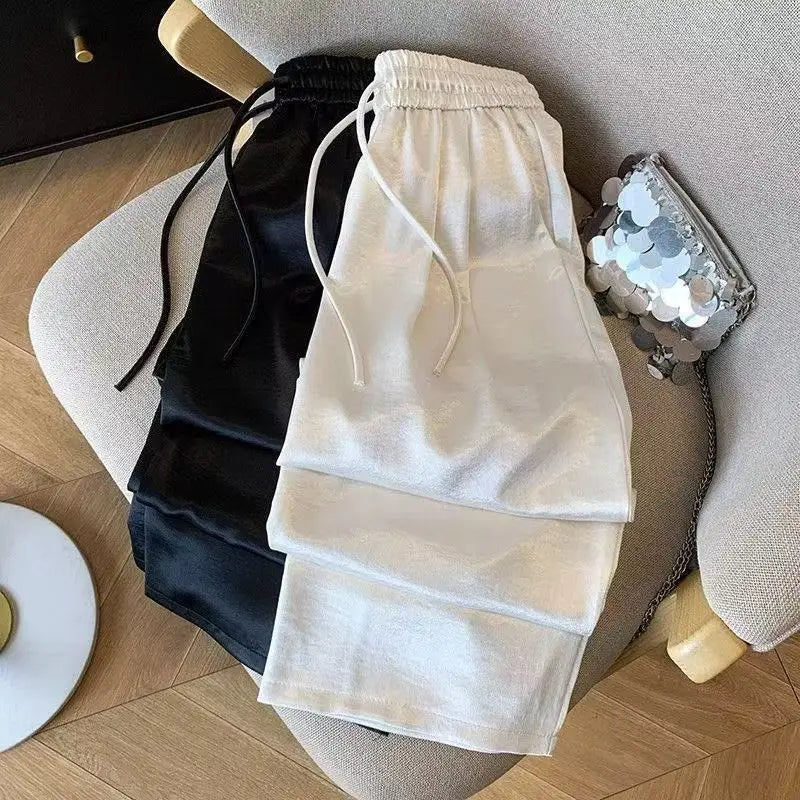 2025 Women's Loose Casual Trousers Summer New Lightweight Satin High Waist Wide Leg Pants Vintage All-match Straight Pants Femme