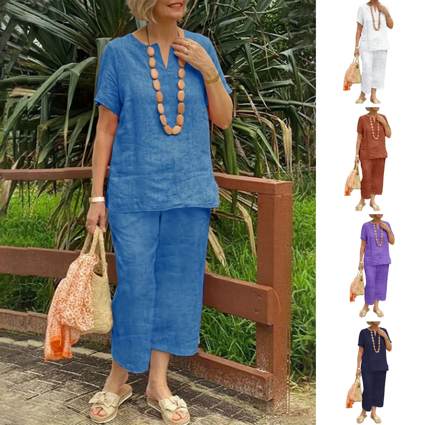 Women's Casual Suits Stylish Women's Cotton Linen Summer Suit with Wide Leg Pants Casual Loose Fit Two for Ladies for Summer