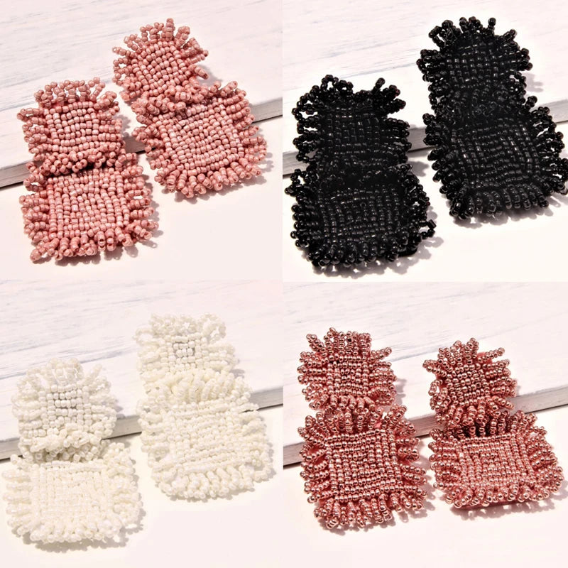 Handmade Beaded Earrings Statement Jewelry Wedding Bridal Gift Bohemian Big Square Fringed Drop Dangle Earrings Ethnic Party