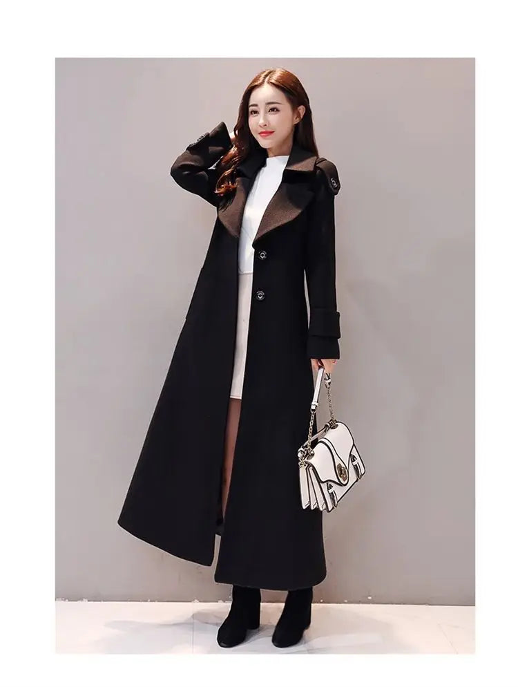 Women's Long Woolen Coat 2023 Spring Autumn New Korean Waist Slimming Over-Knee Thick Keep Warm Woolen Coat Lady Overcoat