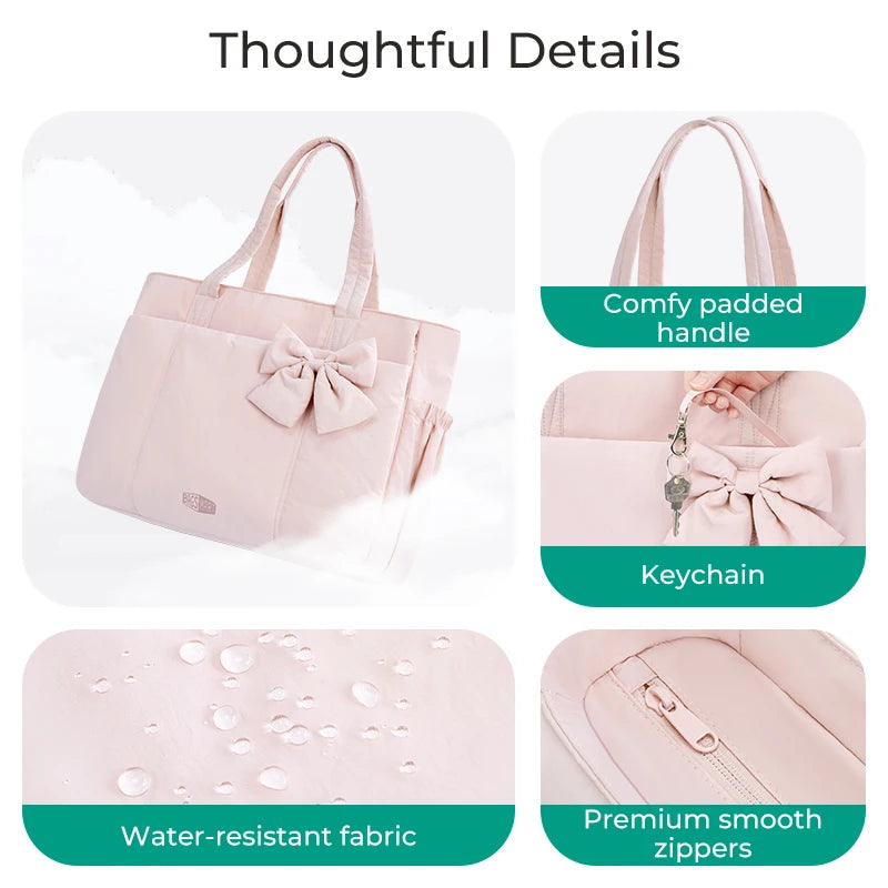 BAGSMART Padded Tote Bag With Bow Casual Quilted Padded Women Shoulder Bags Fit 15.6in Laptop Large Capacity Yoga Gym Bags