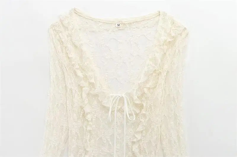 Women's Tops Summer 2025 New Chic Lace Perspective Elegant Holiday Tops Women Street Fashion Slim V-neck Youth Tops