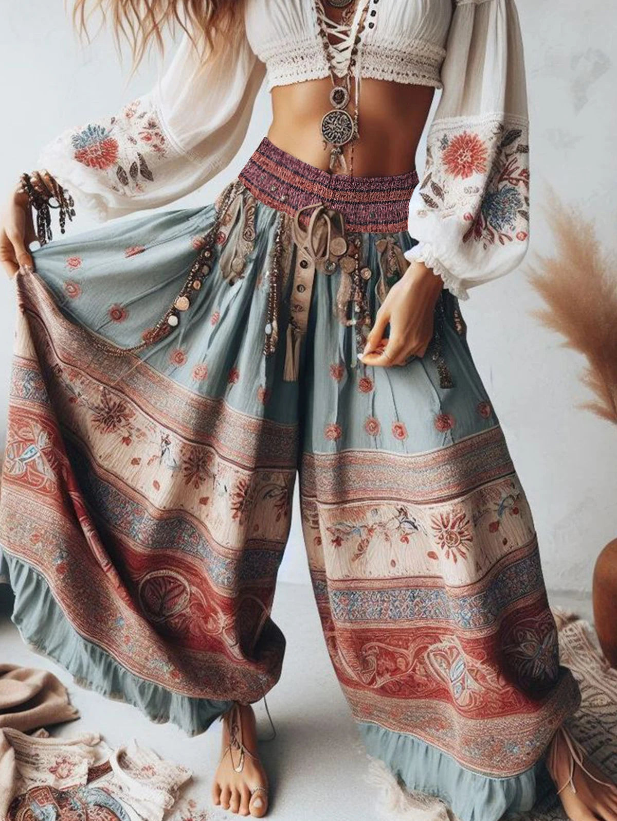 Elegant Women's Trousers Classic Retro Bohemian Patchwork High Waist Wide Leg Trousers Sexy Fashion Layered Ruffled Trousers