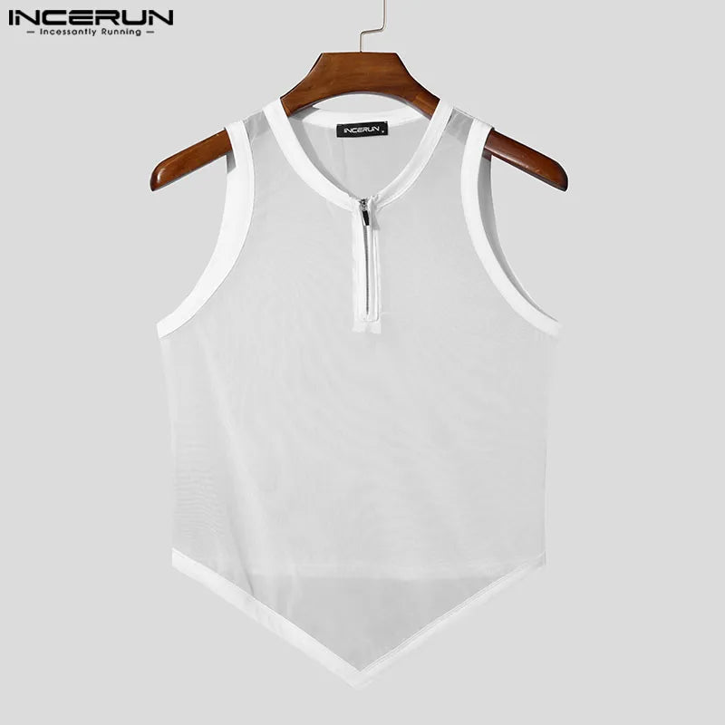 Men Tank Tops Summer Mesh See-Through Tops Tee INCERUN Sexy Sleevelesss Streetwear Party Irregular Men's Clothing Blouse S-3XL