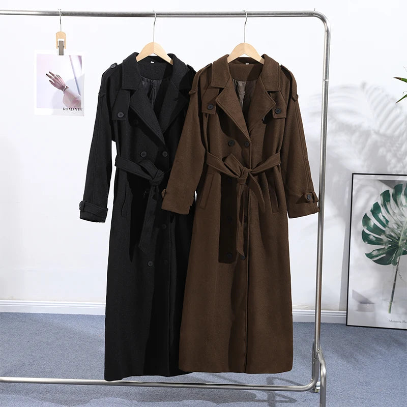 Woolen Breasted Long Coat Women Lapel Double Breasted Casual Pocket Chic Elegant Outwear Autumn Winter Street Lady Overcoat