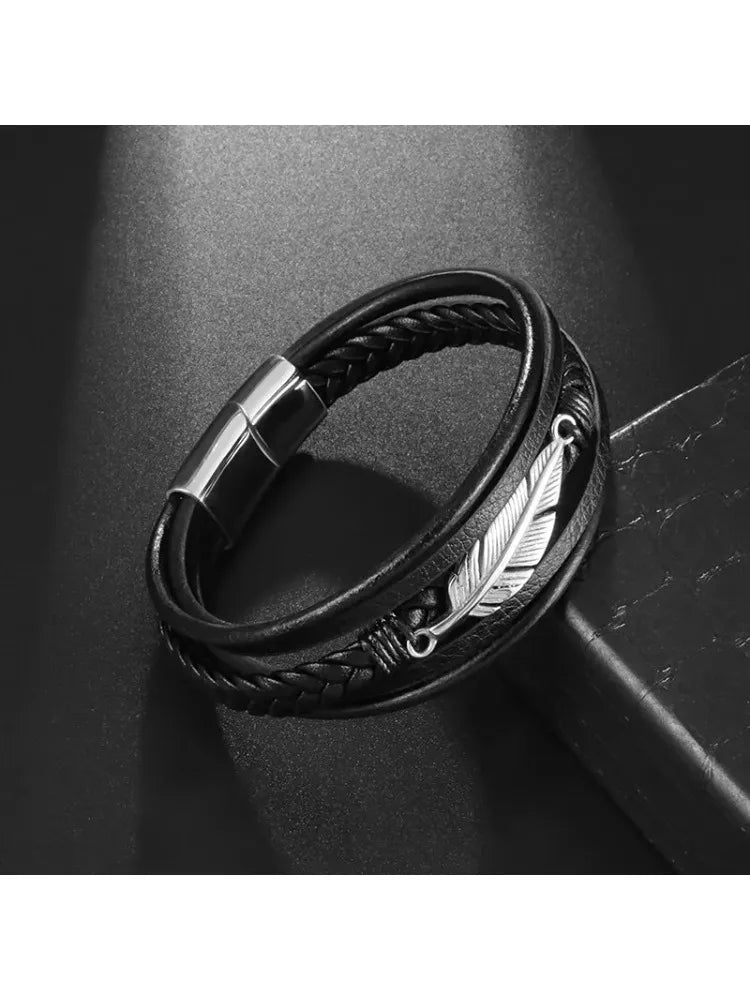 Men's Classic Multi Layered Leather Feather Metal Magnetic Buckle Bangles Bracelet Business Casual Party Jewelry Gift for Men