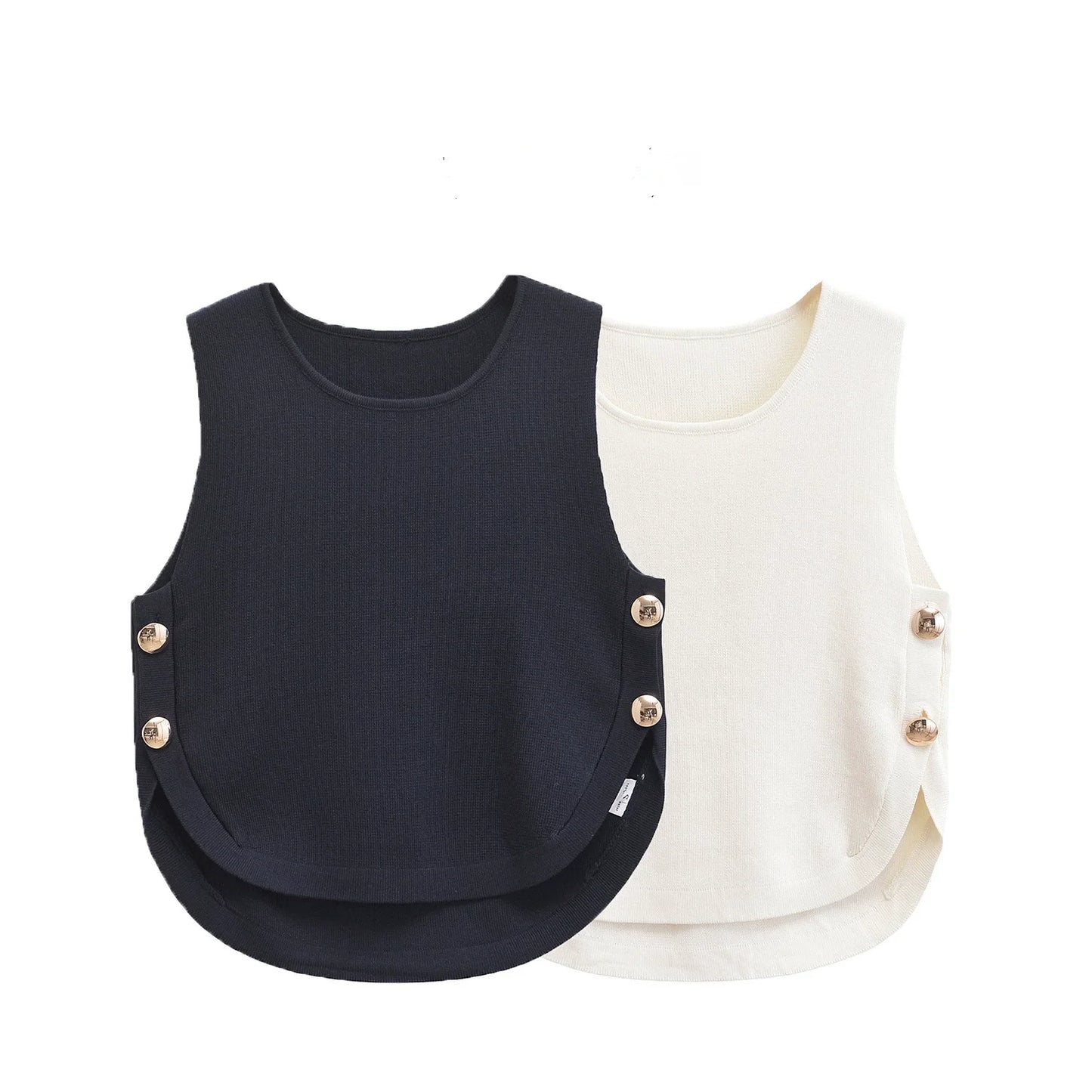 2025   Women's  Chic  Sleeveless  Top  with  Side  Buckles  Asymmetrical Hem  Casual O-neck Crop Top