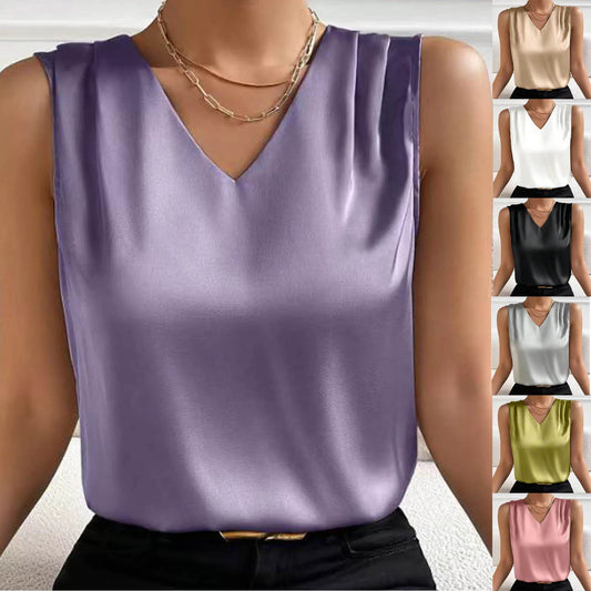 Coffee Tops For Women Summer V Neck Casual Soild Color Satin Sleeveless Basic Vest Shirt Fashionable Simple Apparel Shirts