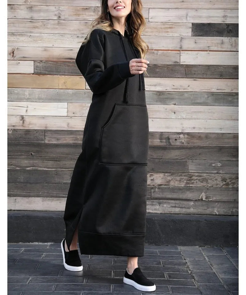 Hoodies Dress for Women Fashion  2024 Hem Lace-up Midi Robe Hooded Long Vestidos Winter Warm Casual Loose Sweatshirt Dress