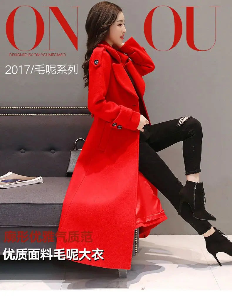 Women's Long Woolen Coat 2023 Spring Autumn New Korean Waist Slimming Over-Knee Thick Keep Warm Woolen Coat Lady Overcoat