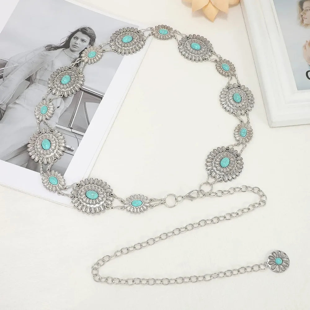Women Concho Chain Belt Metal Link Western Cowgirl Turquoise Chain Belt for Dress