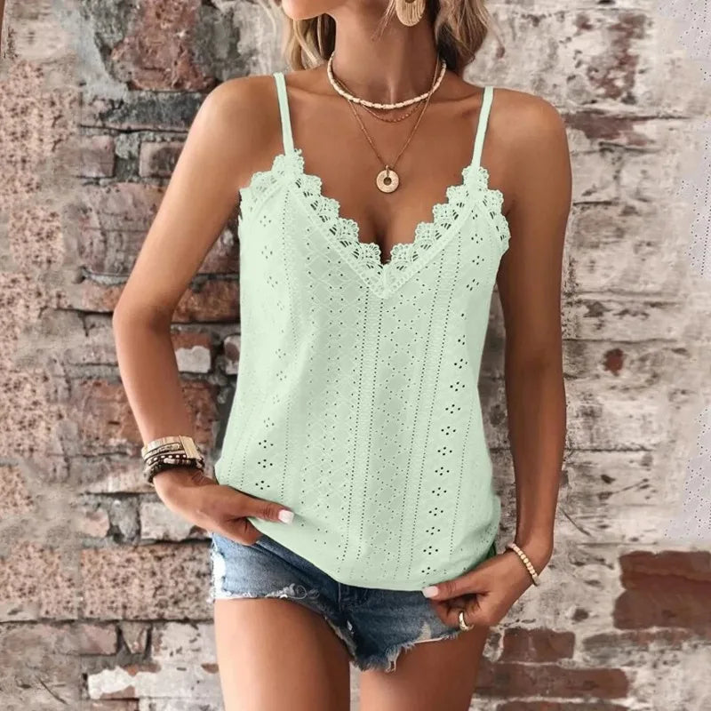 Women'S Tank Top V Neck Lace Camisole Casual Cute Summer Top Loose Fit Creme Crop Top Thin Strap Shirt Vest Clothing Woman