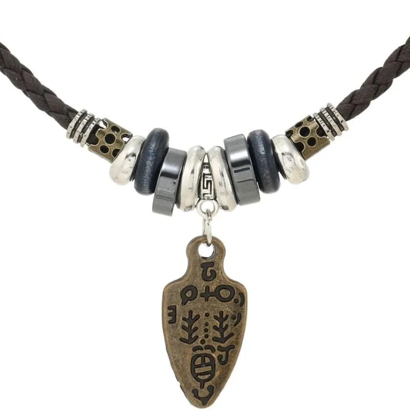 Men Women Leather Necklace Vintage Tribal Style Boho Hipppie Black Braided Beaded Necklaces with Charm Pendant for Daily Use