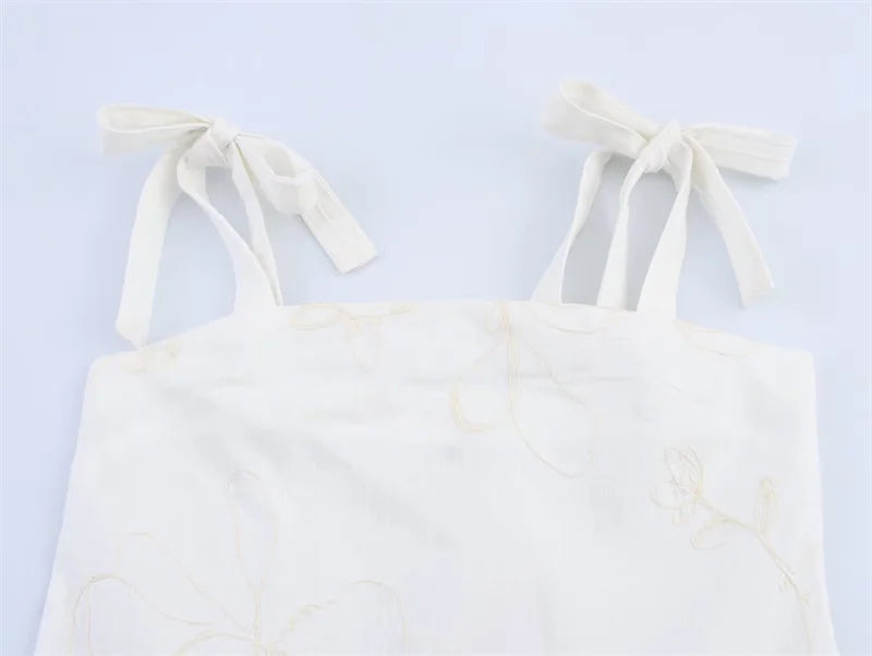 Women's suit New Summer 2025 White Camisole Wide-leg Pants Set Embroidered Trim Sexy Casual Personality Fashion