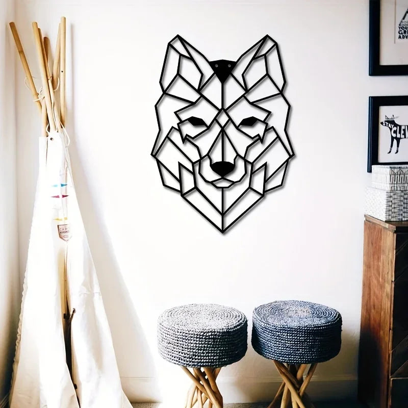 Wolf Head Wall Art Ornamental, Metal Living Room Office Geometric Iron Craft Gift Gift Black Iron Silhouette Hanging Wall Art