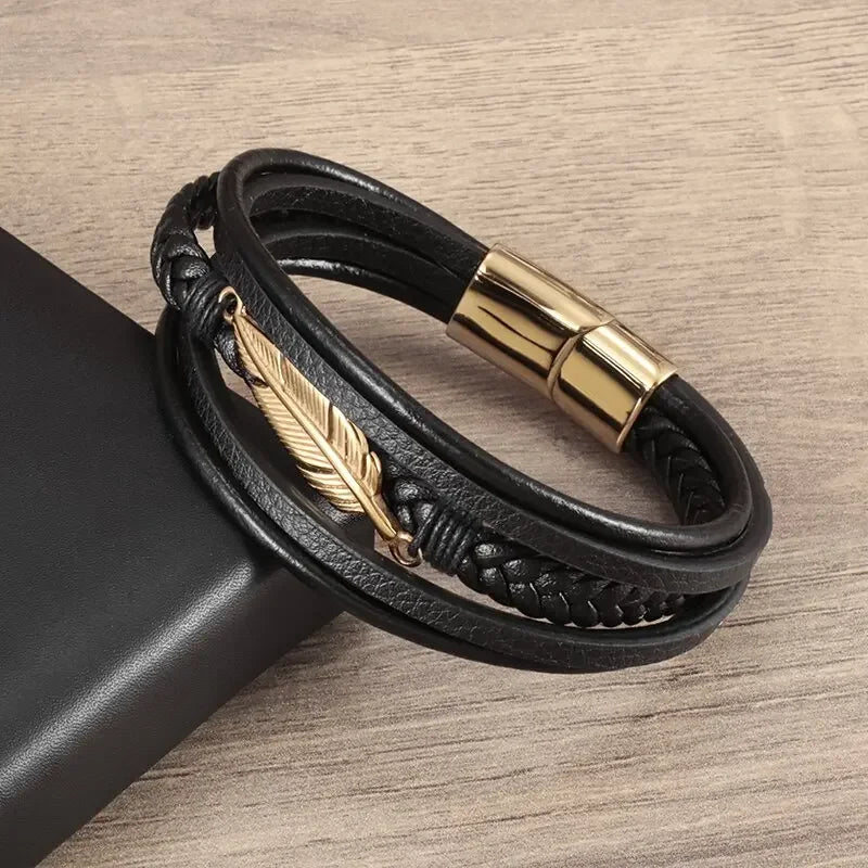 Men's Classic Multi Layered Leather Feather Metal Magnetic Buckle Bangles Bracelet Business Casual Party Jewelry Gift for Men