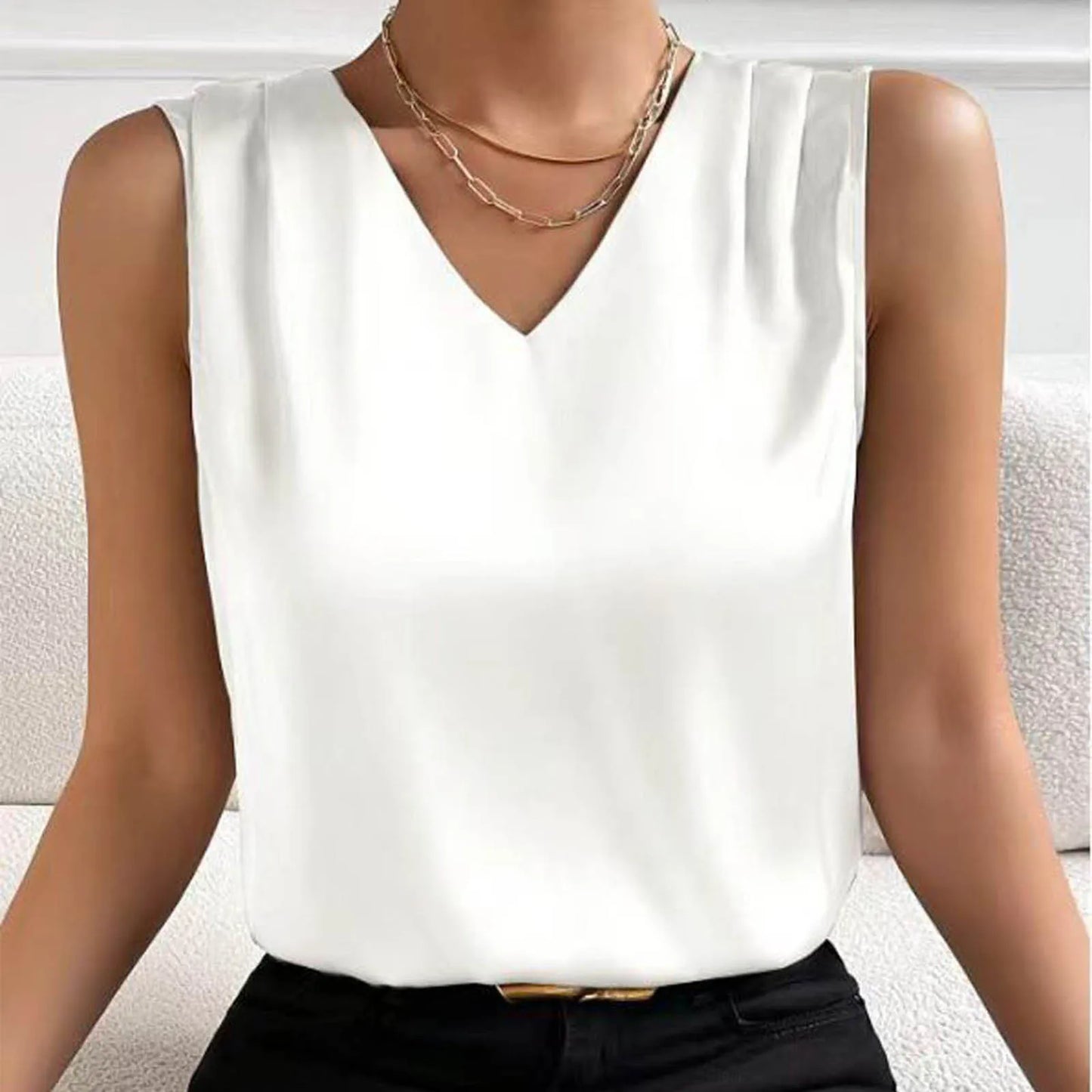 Coffee Tops For Women Summer V Neck Casual Soild Color Satin Sleeveless Basic Vest Shirt Fashionable Simple Apparel Shirts