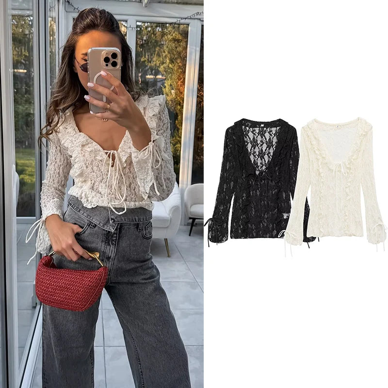 Women's Tops Summer 2025 New Chic Lace Perspective Elegant Holiday Tops Women Street Fashion Slim V-neck Youth Tops